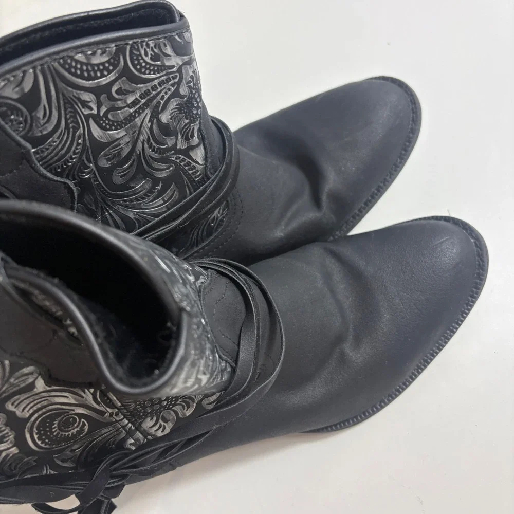 Dingo Womens Black Silver Floral Embossed Western Ankle Boots Fringe Tie Detail